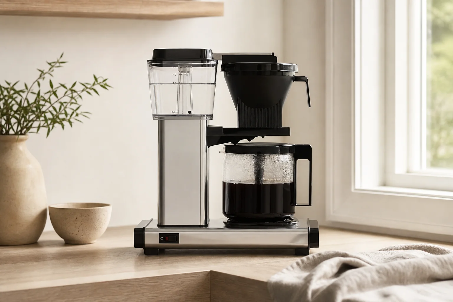 Technivorm Moccamaster KB with coffee on a light wood kitchen counter
