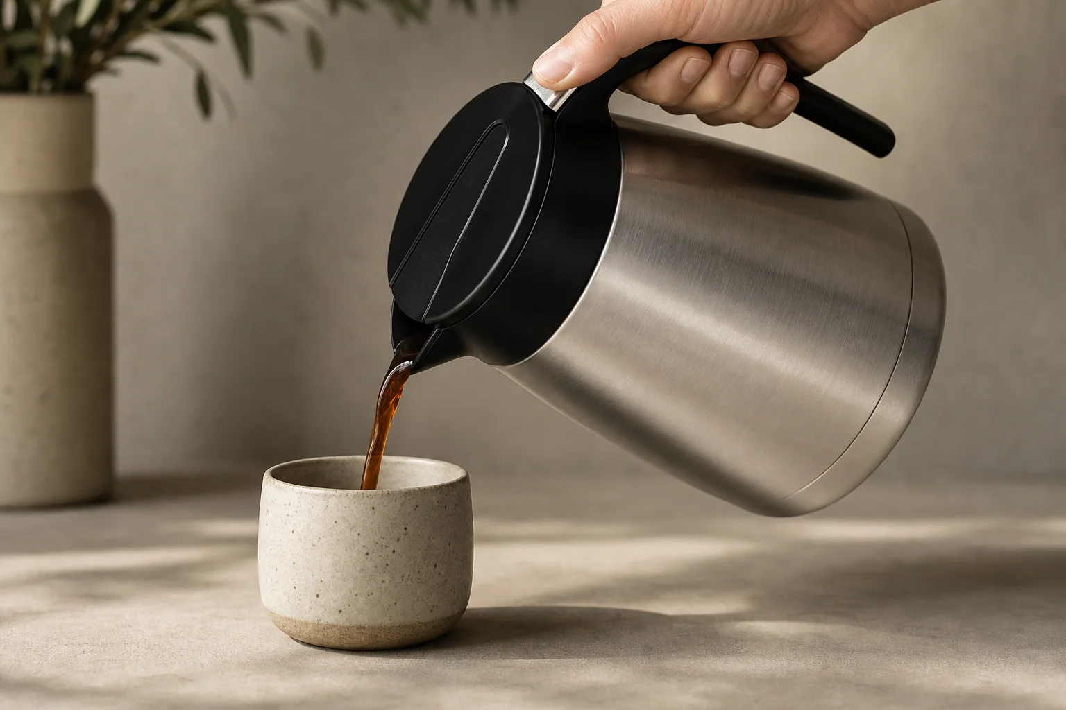 Hand pouring coffee from a thermal carafe into a ceramic cup