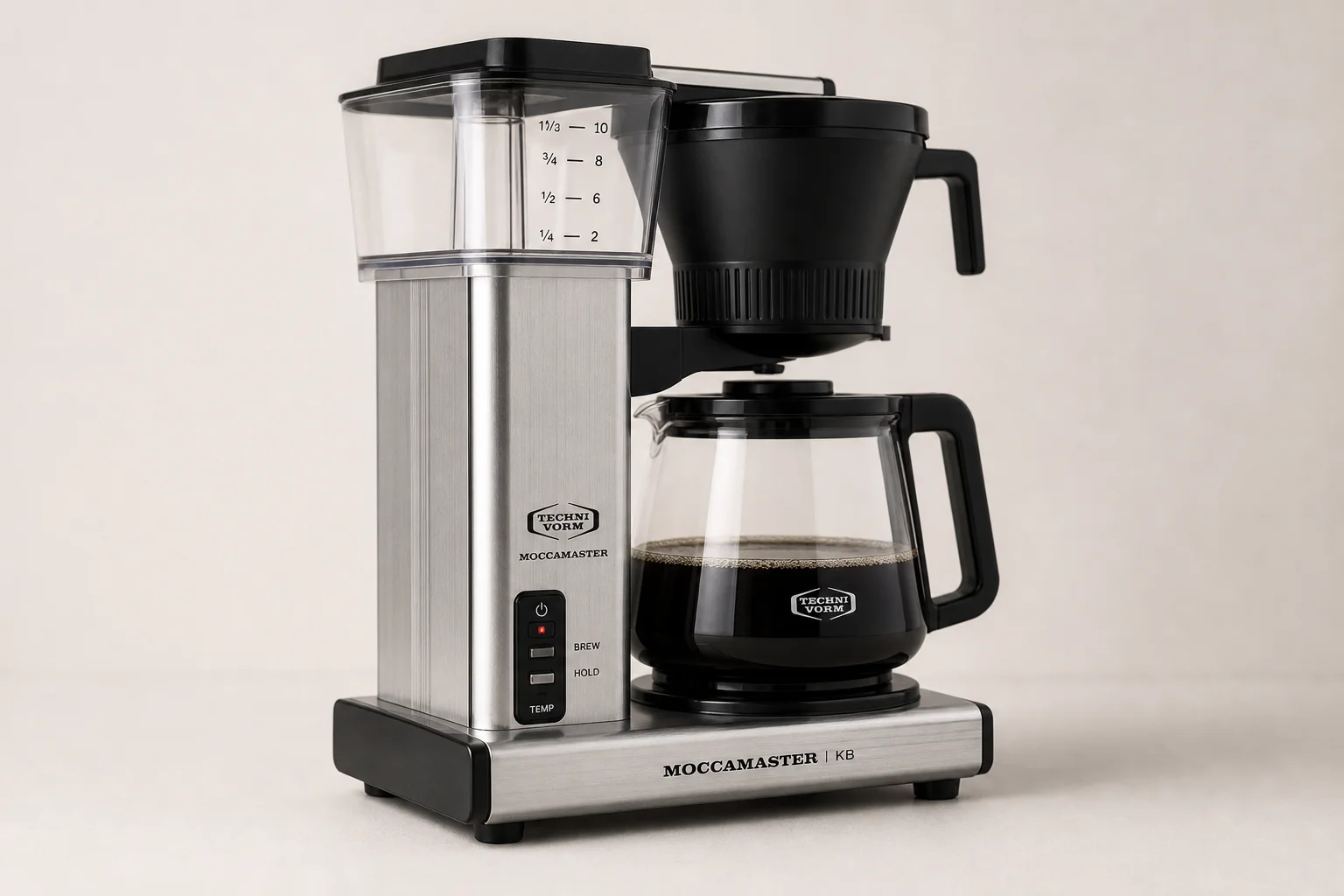 Four Technivorm Moccamaster coffee brewers arranged in a line on neutral backdrop