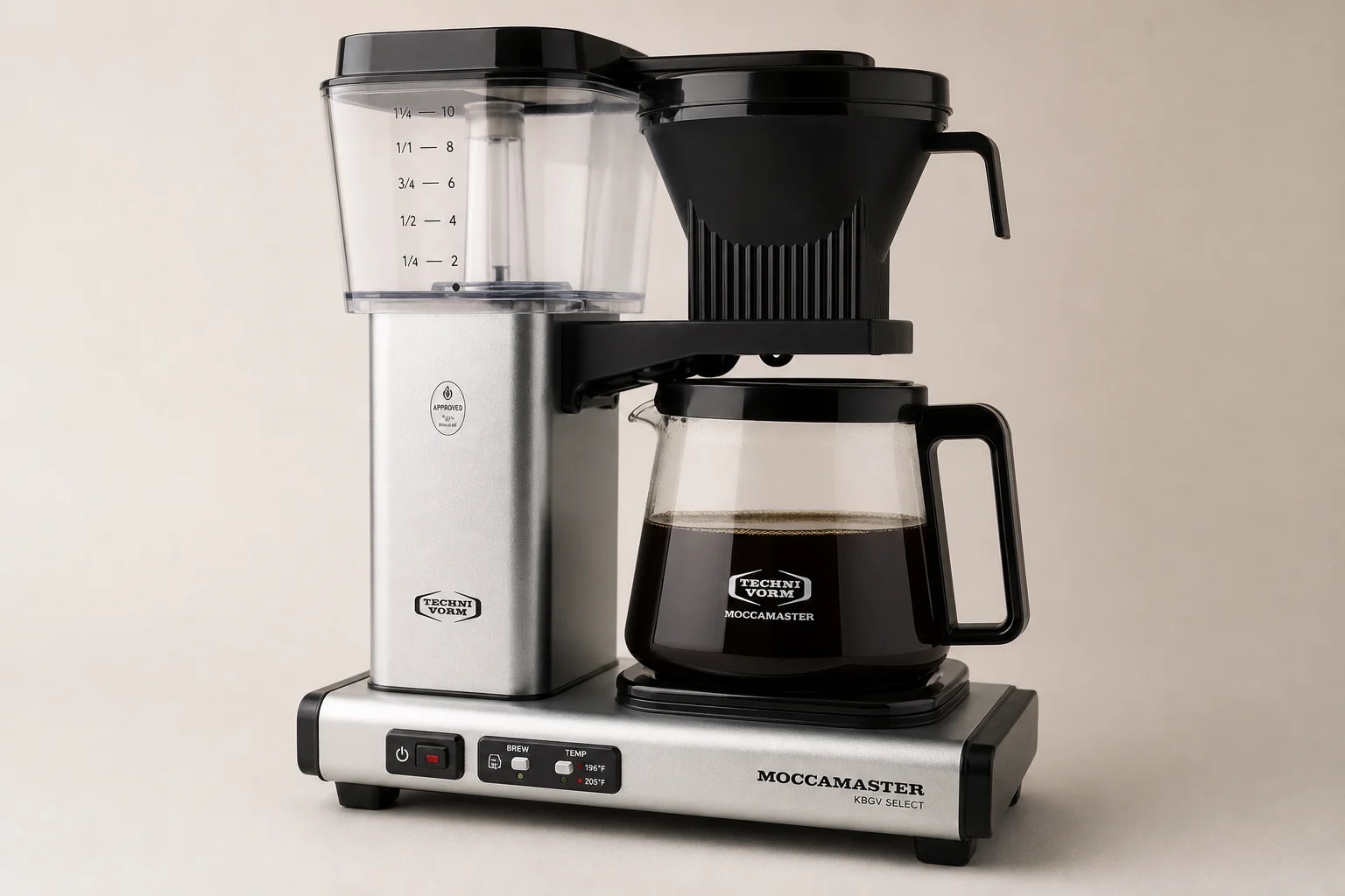 Four Technivorm Moccamaster coffee brewers arranged in a line on neutral backdrop