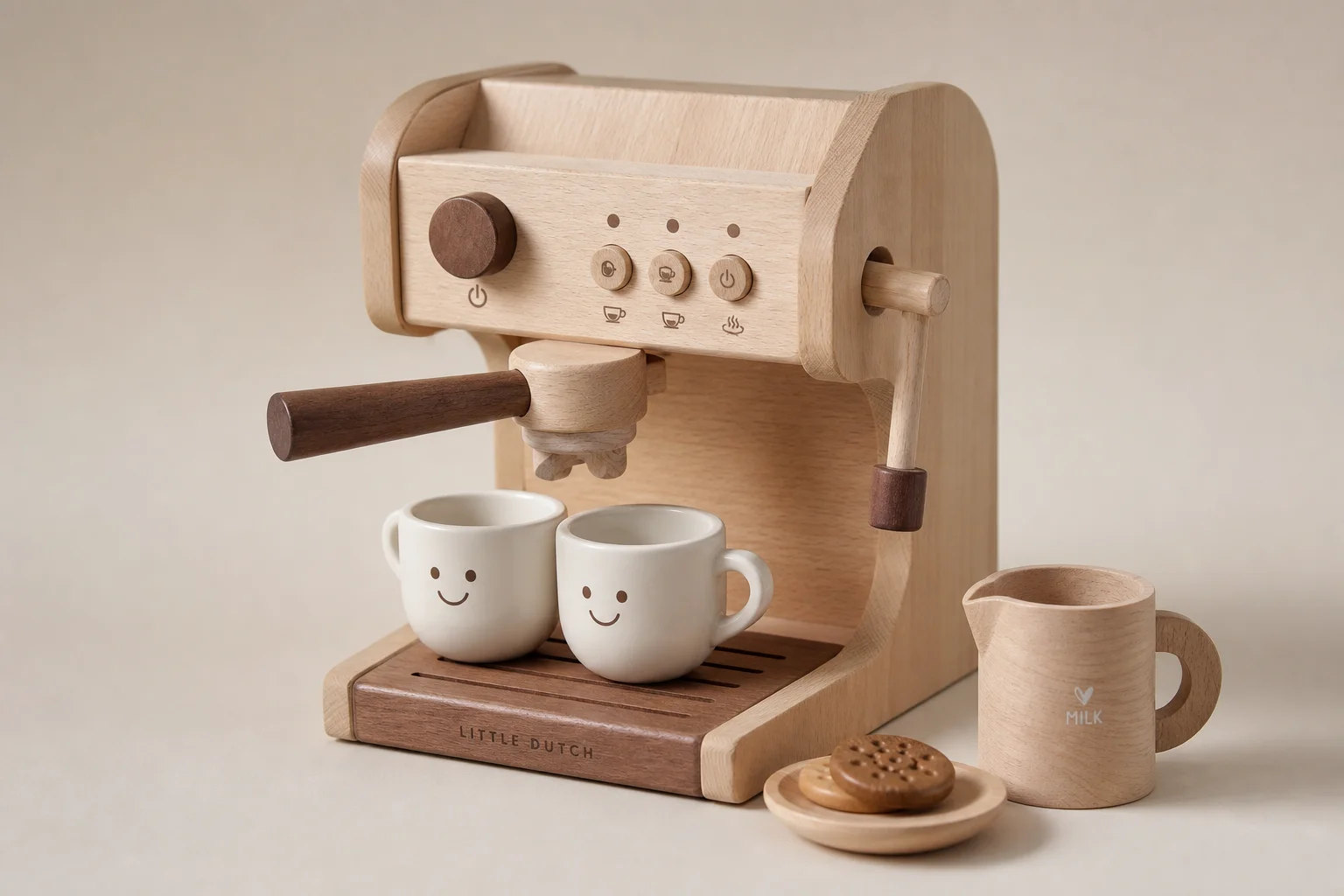 Six coffee toy sets arranged on concrete surface showing espresso machines, pour-over set, and bakery pieces