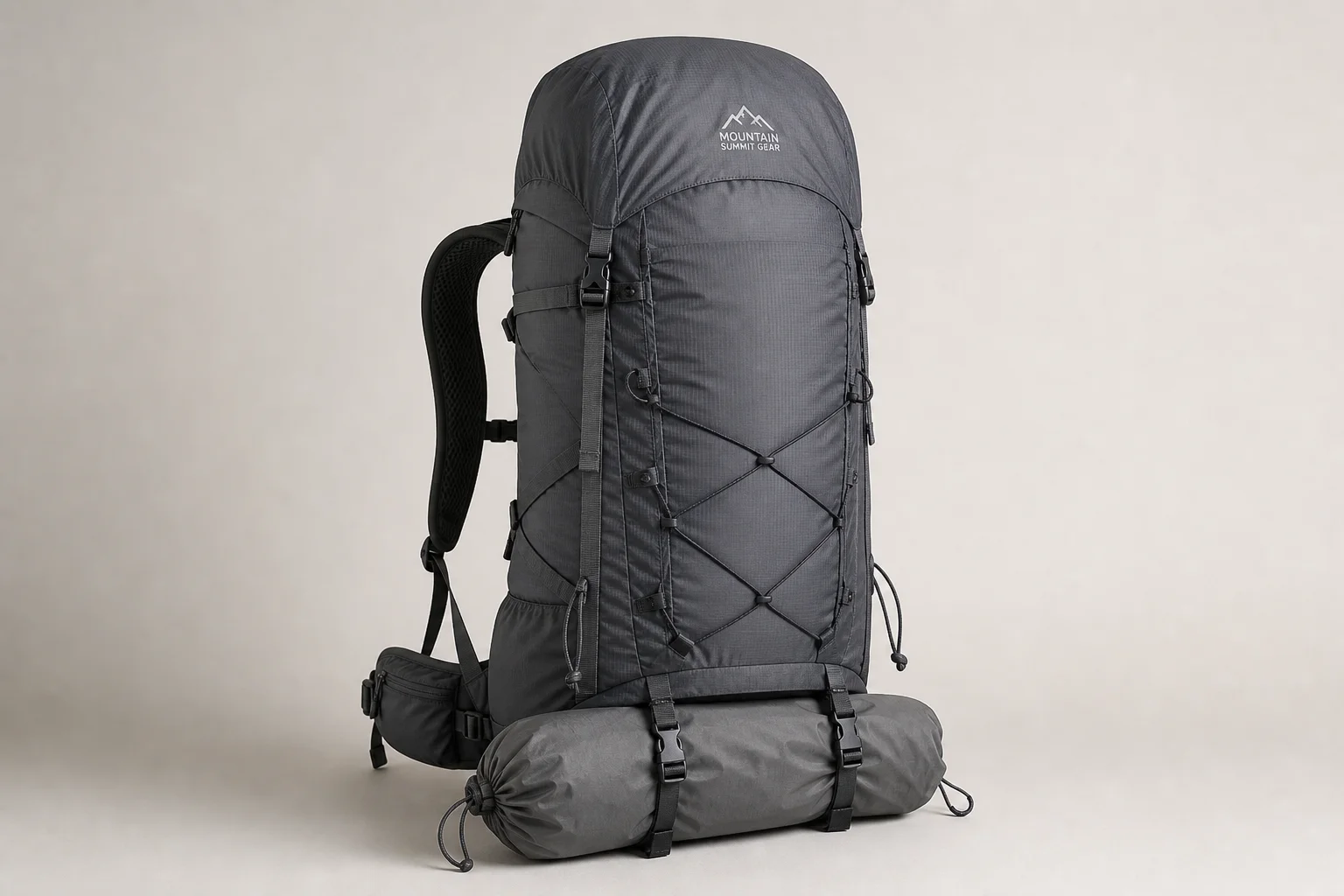 Eight backpacking packs of various styles and sizes arranged on concrete surface