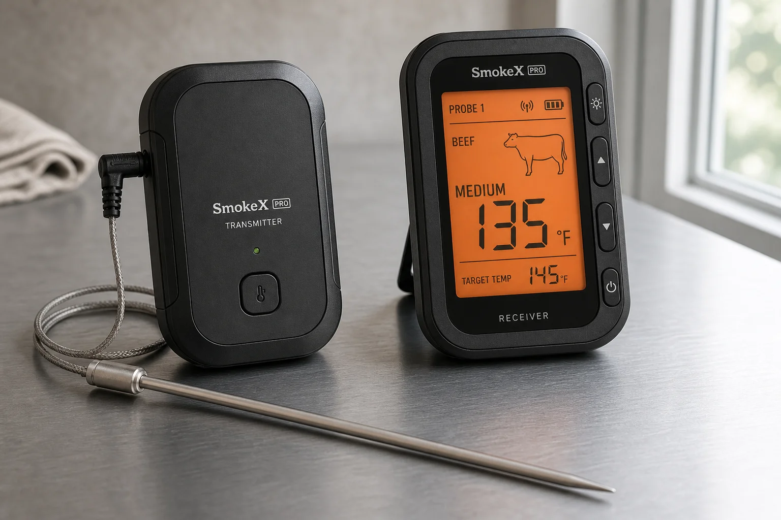 Five instant read thermometers arranged on neutral backdrop