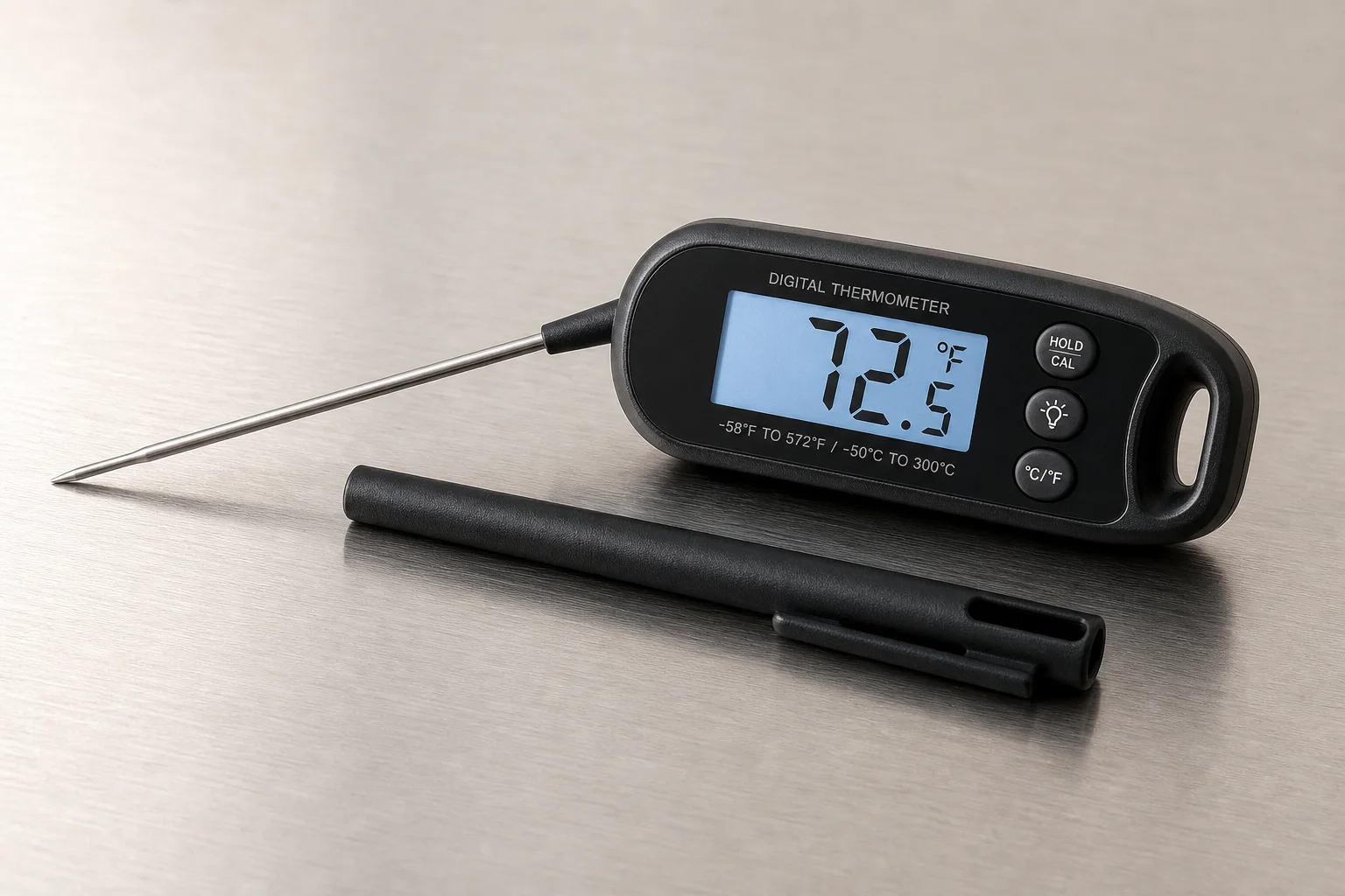 Five instant read thermometers arranged on neutral backdrop
