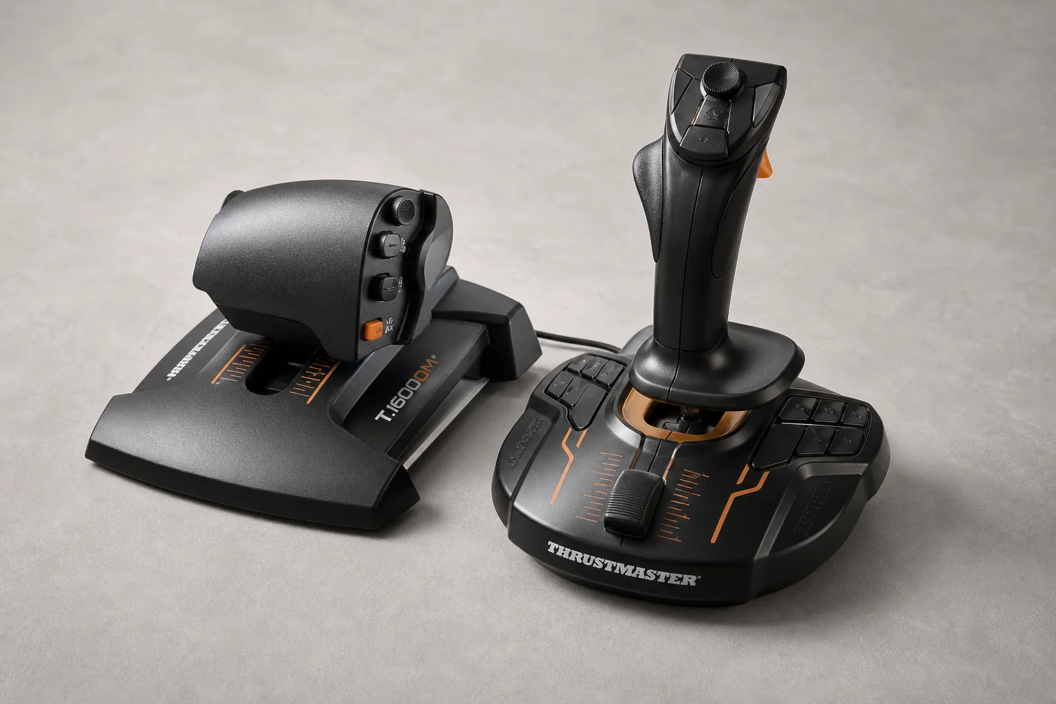 Three flight sim joysticks and throttles arranged by price tier on grey surface
