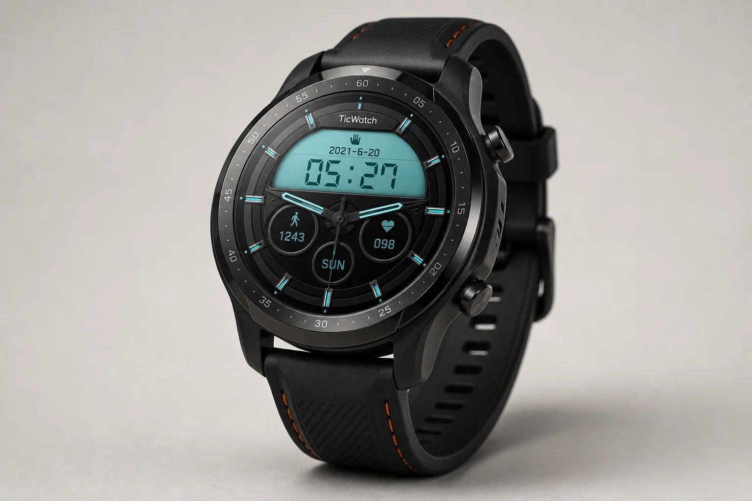 Five smartwatches displayed on concrete surface showing different designs and styles