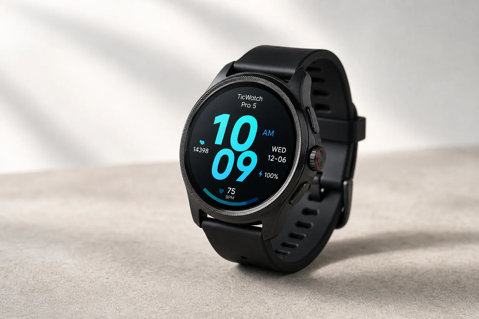 Five smartwatches displayed on concrete surface showing different designs and styles