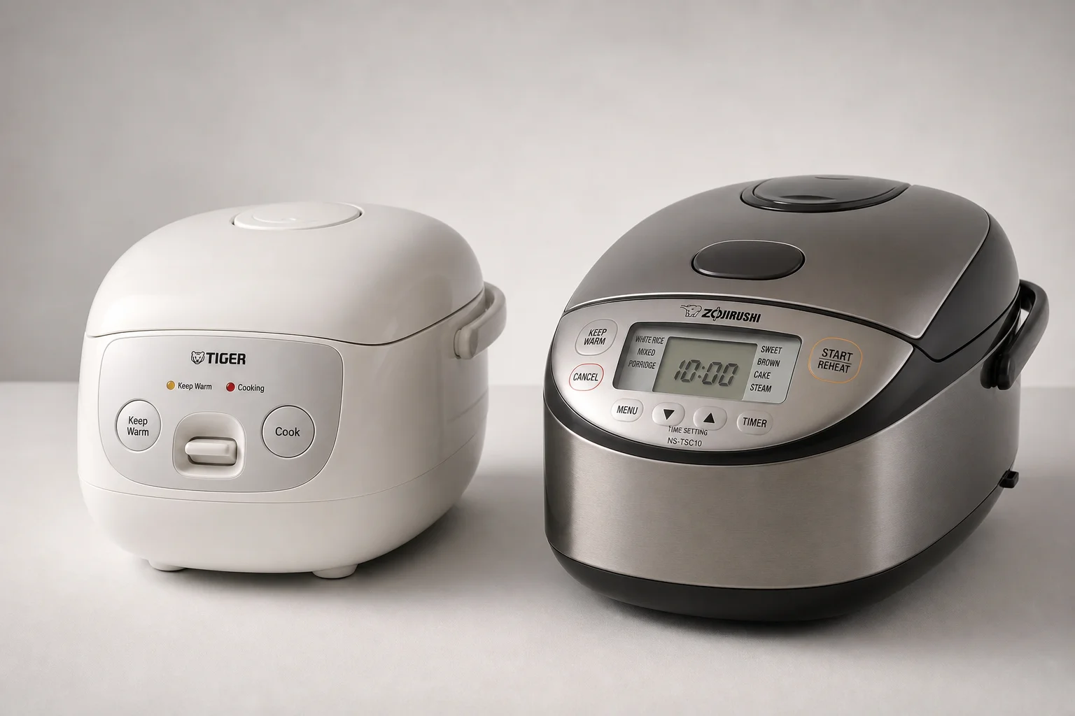 Tiger 與 Zojirushi 電鍋並排放在中性背景上