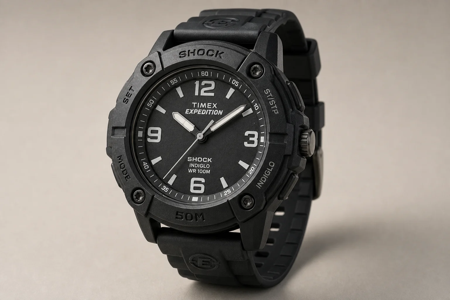 Five rugged outdoor watches arranged on concrete surface