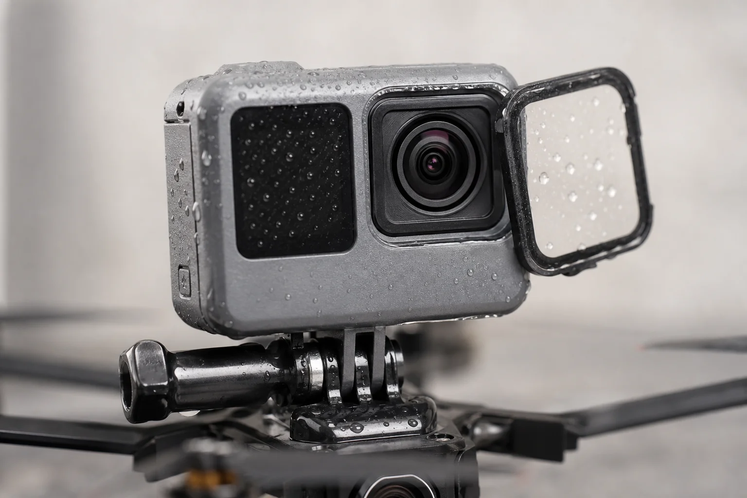 安裝在 FPV 無人機上的 Insta360 GO 2 相機，可見其可拆卸鏡頭保護蓋