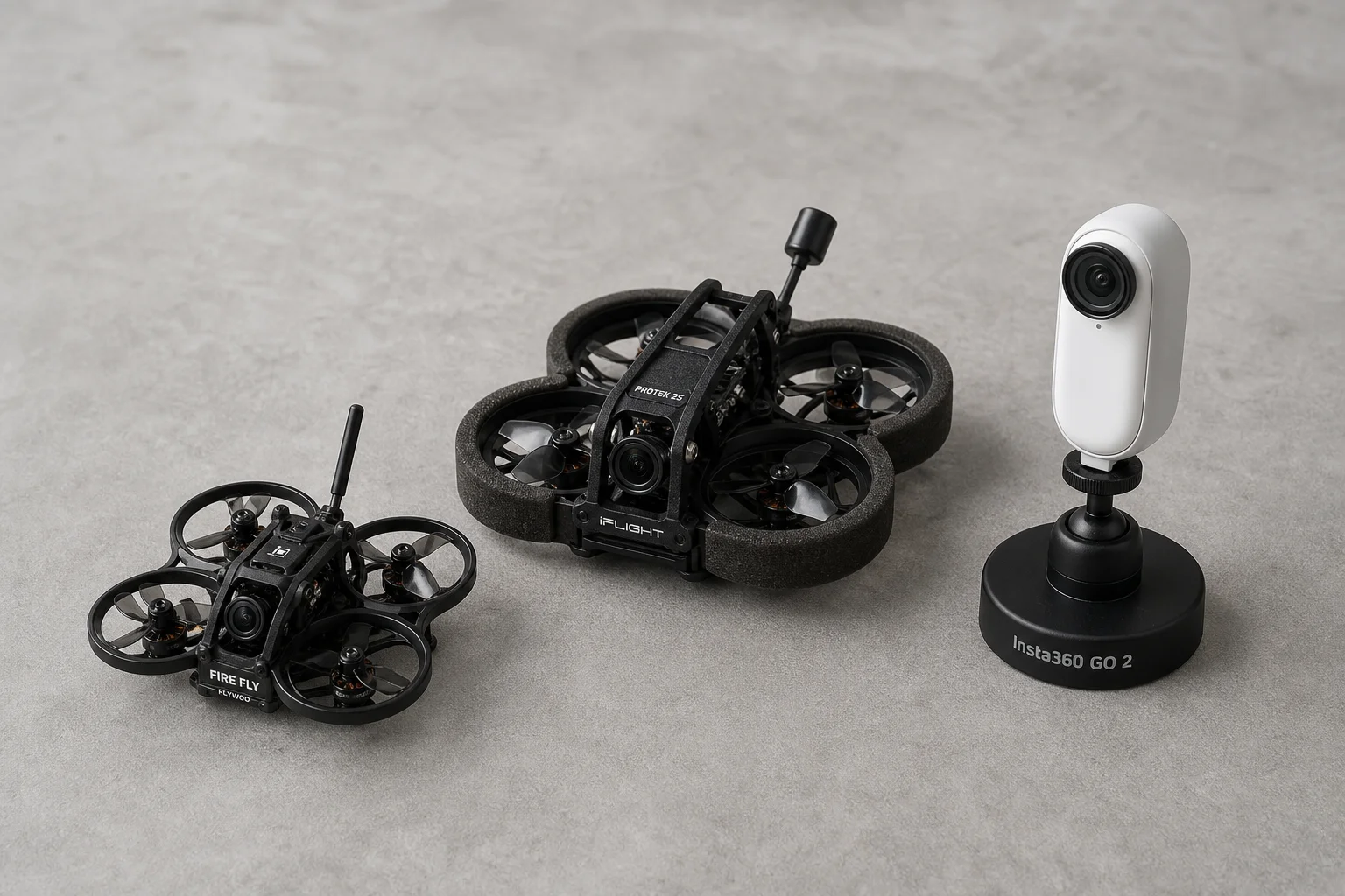 三台小型 FPV 無人機與一台運動相機放置在水泥地面上