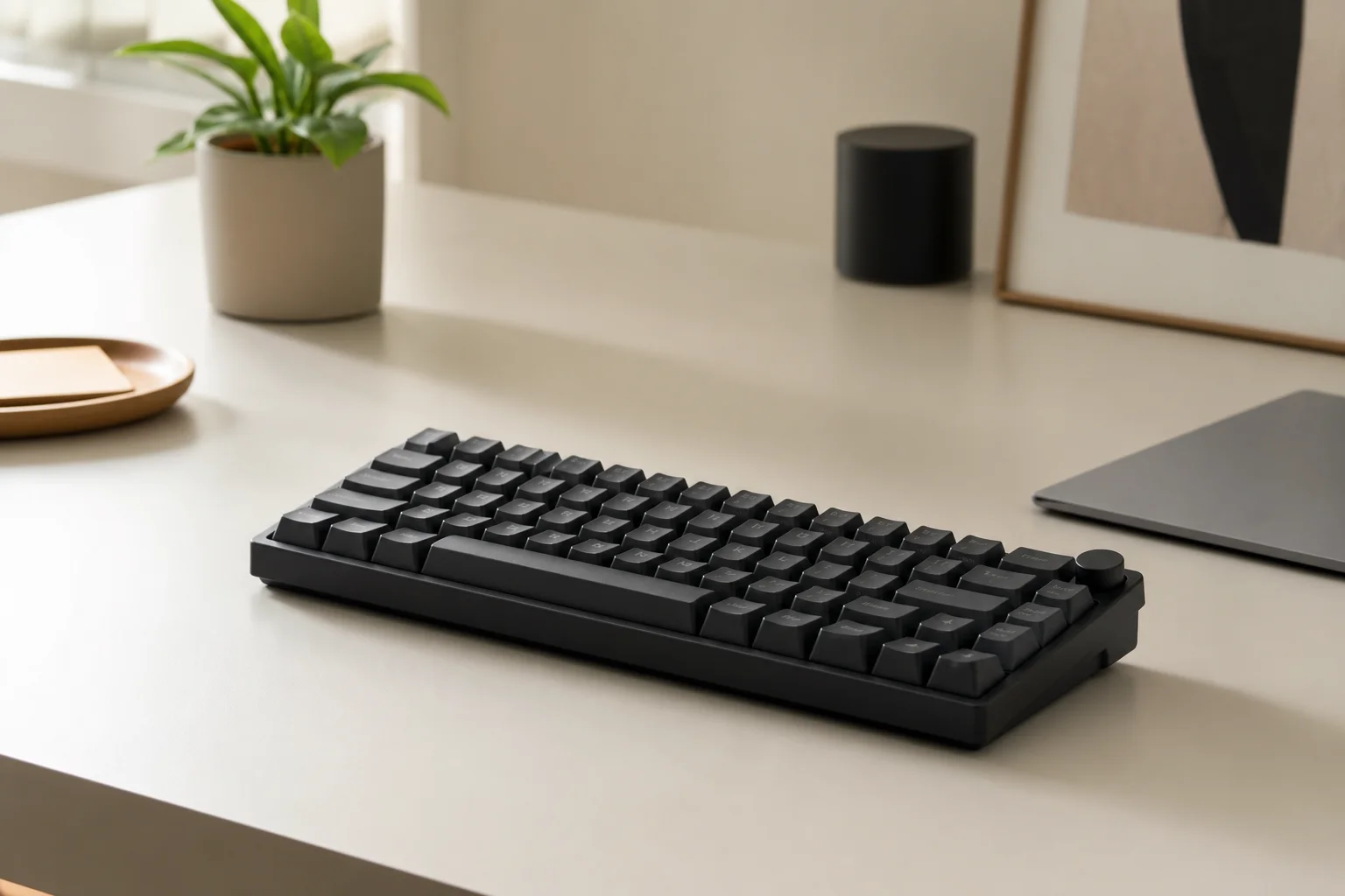 Wireless gaming keyboard on clean desk with minimal setup