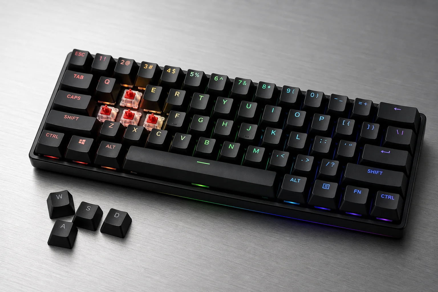 Modern compact gaming keyboard with matte black finish on brushed aluminium surface