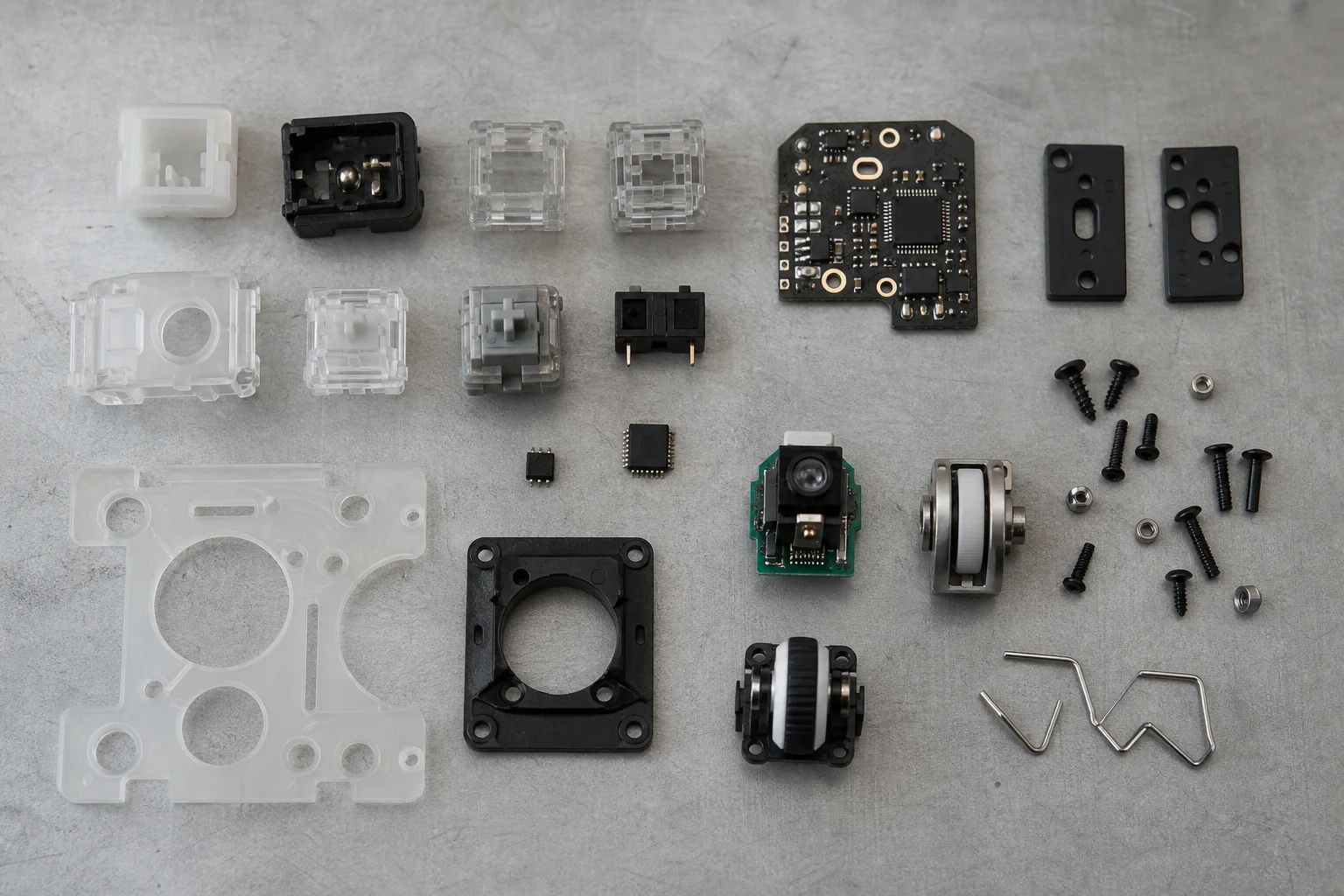 Sensor technology components and keyboard parts on workbench
