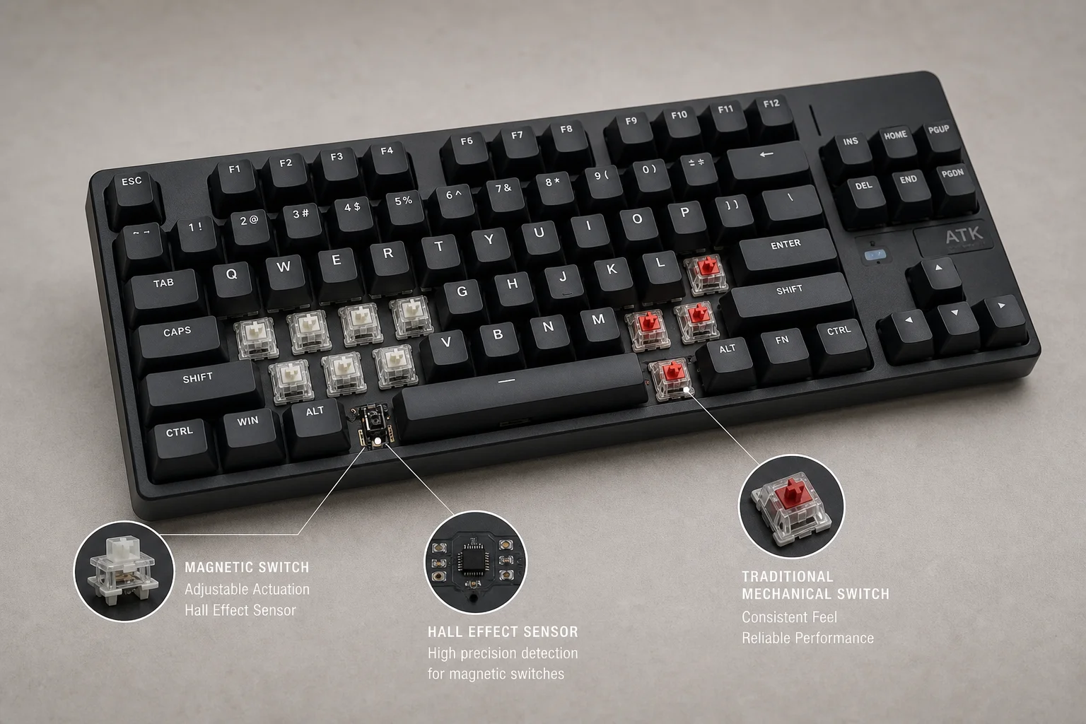 Gaming keyboard with hybrid magnetic and traditional mechanical switches