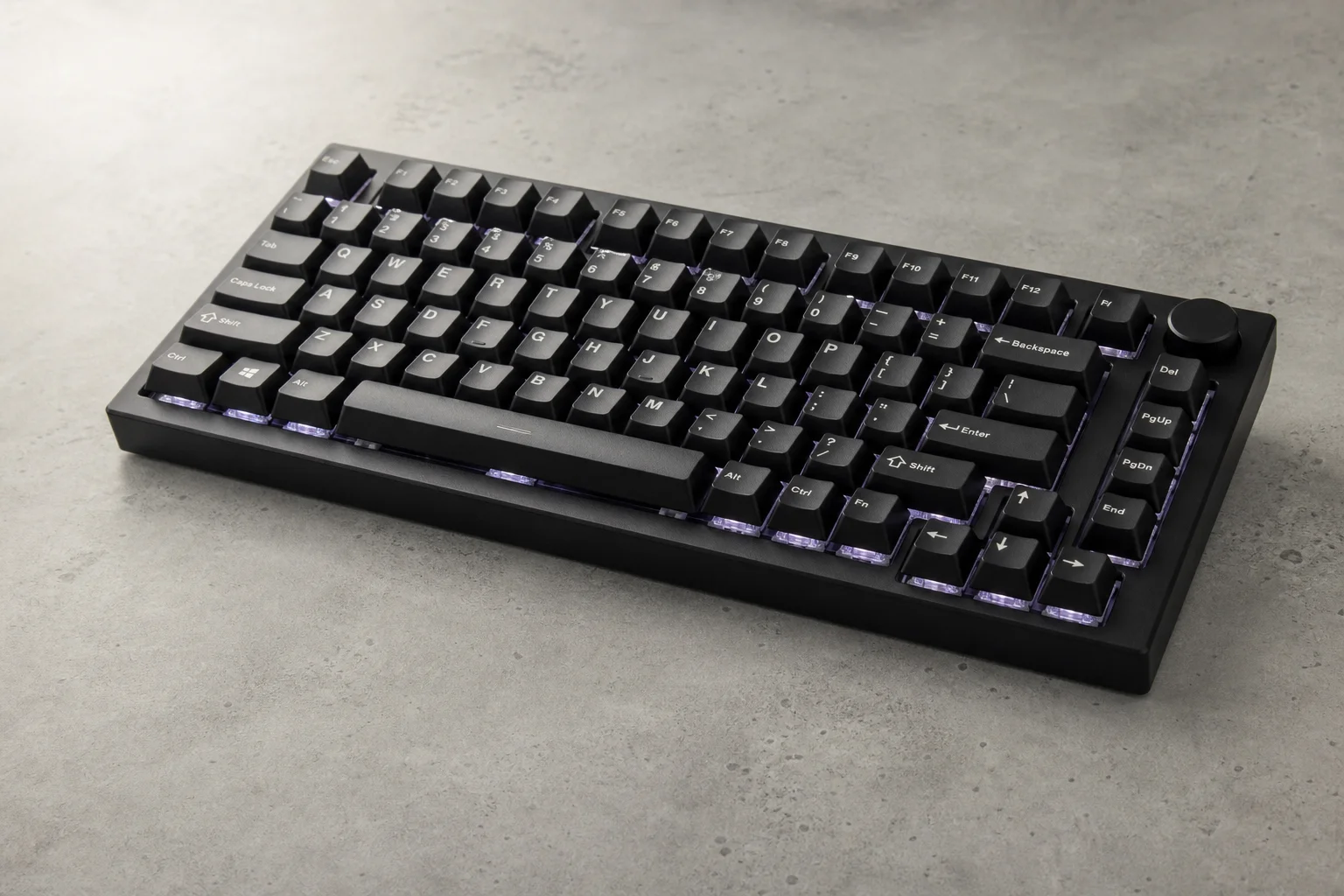 Modern gaming keyboard with mechanical switches on neutral concrete surface