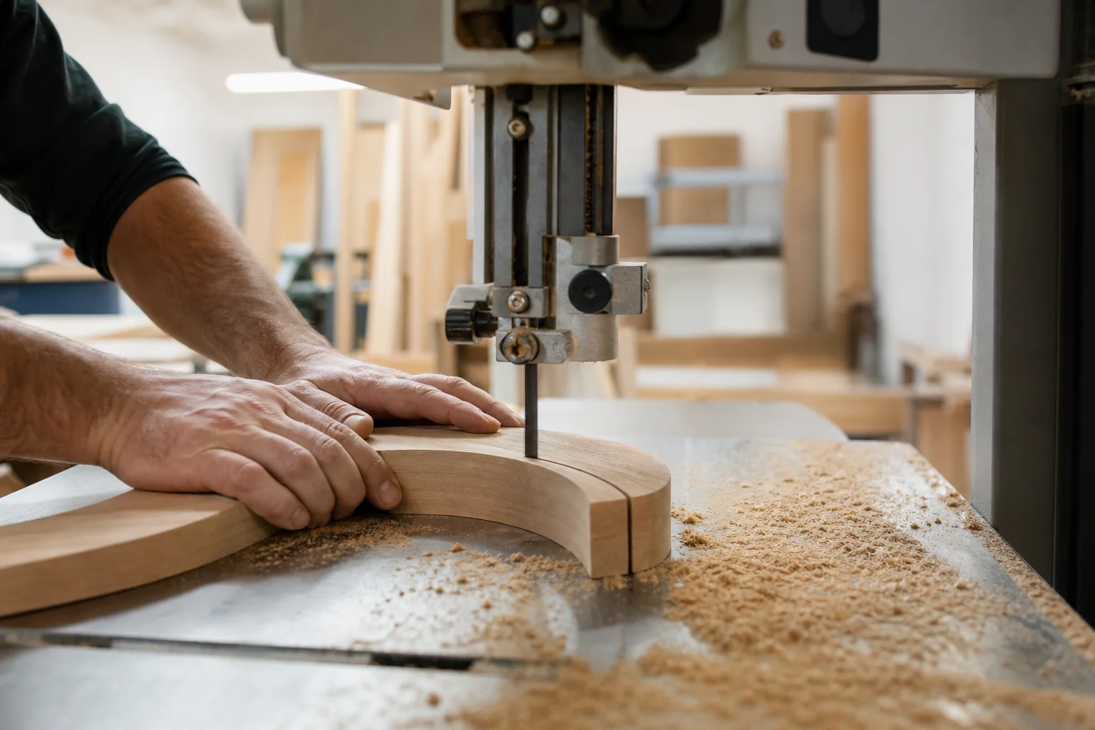 Curved wooden piece being cut on band saw with visible shavings