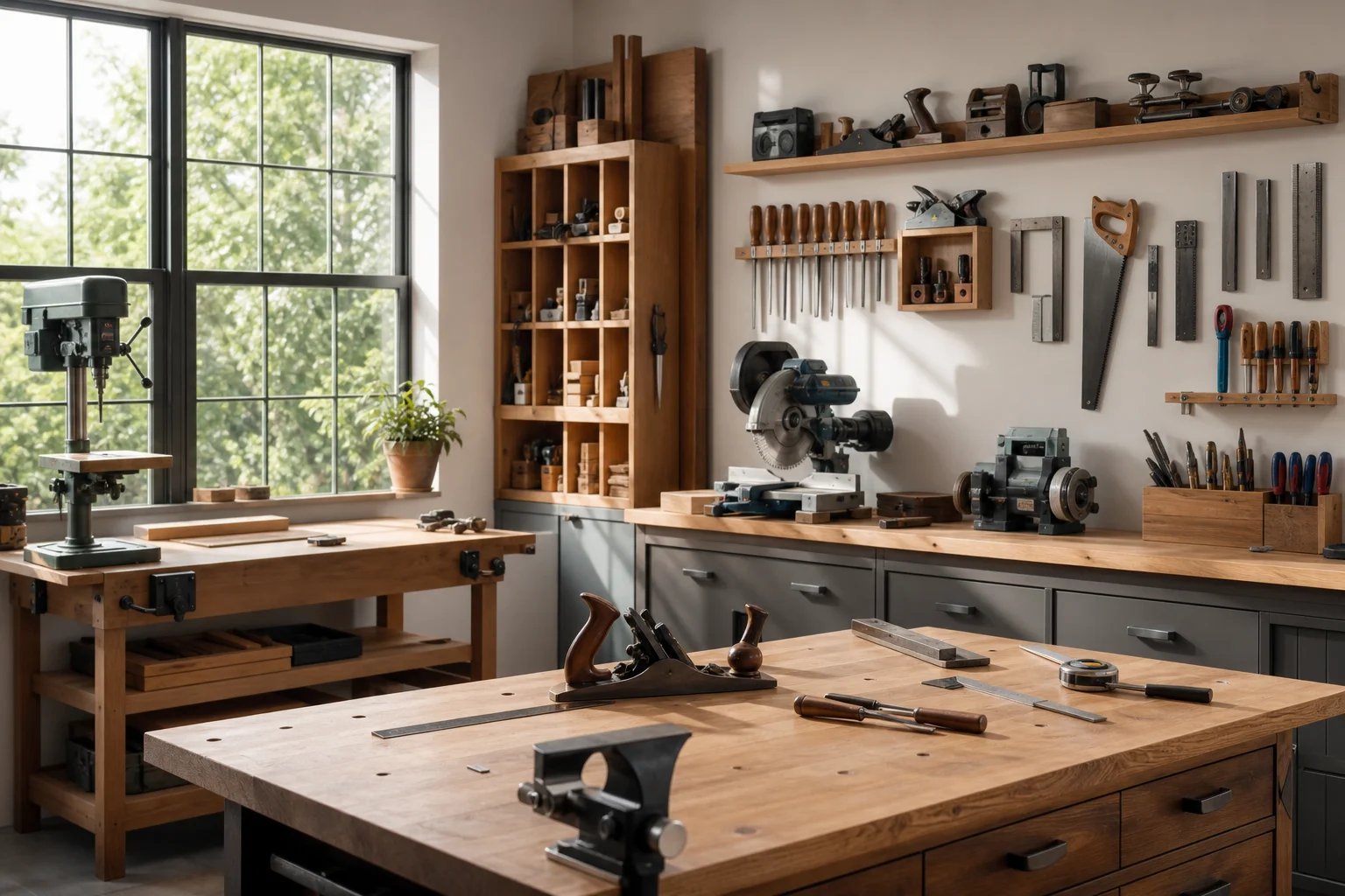 Well-organized workshop interior with tools on benches and walls