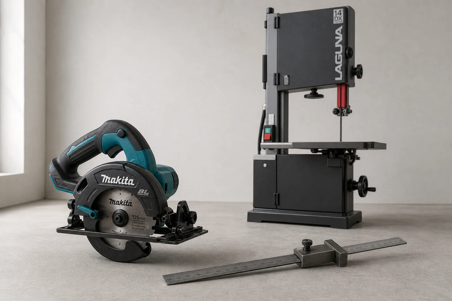 Makita circular saw, steel ruler, and Laguna band saw arranged on concrete