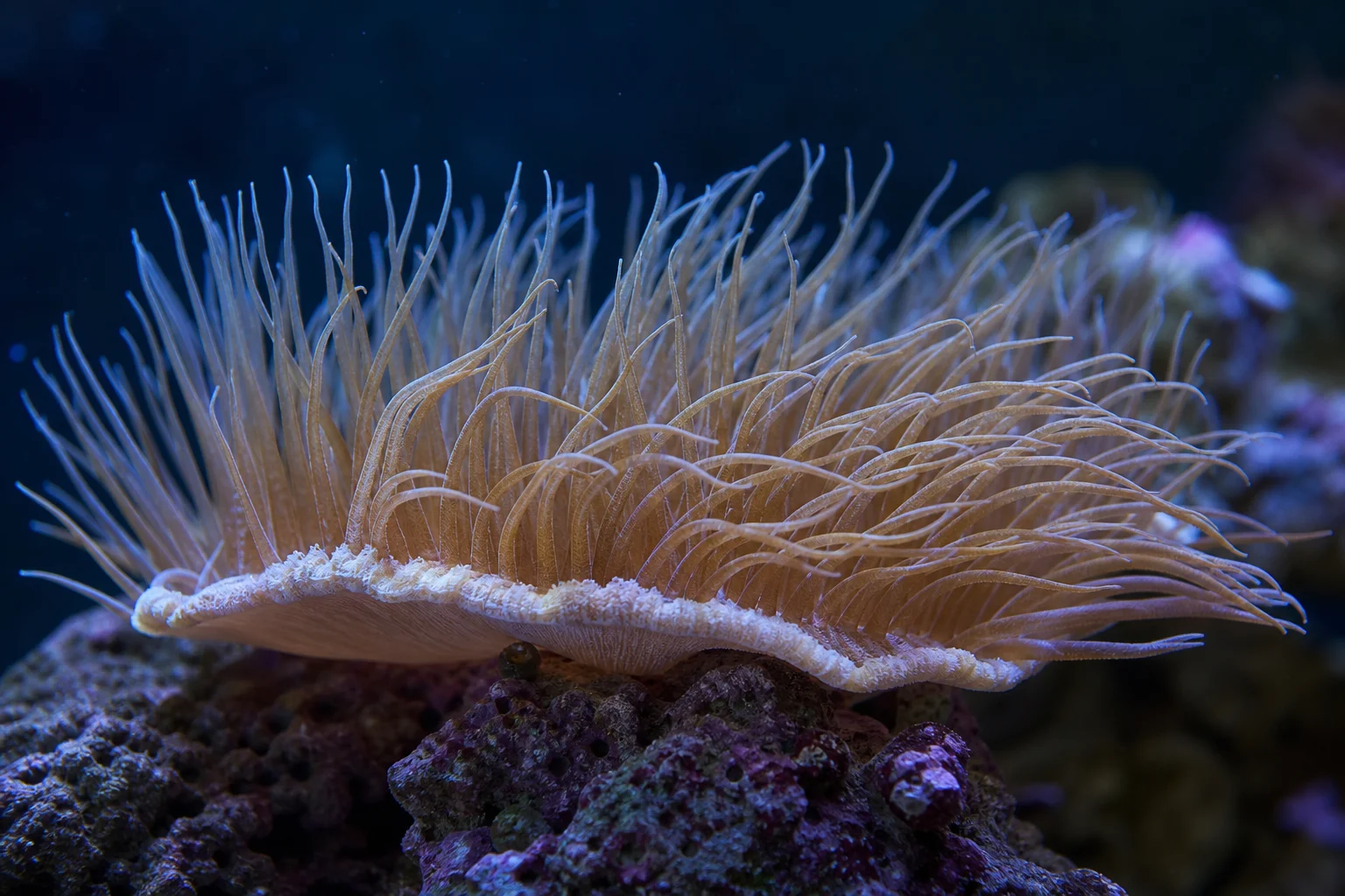 Close-up of delicate plate coral with long flowing tentacles on rock surface
