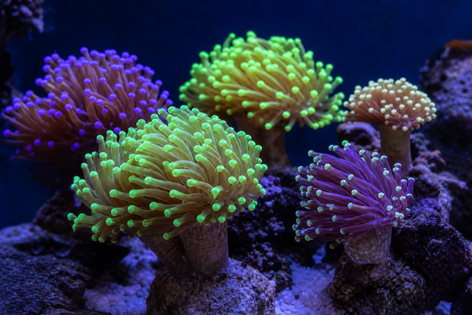 Multiple torch corals with extended polyps showing varying health conditions