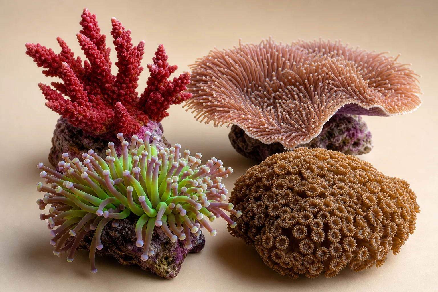 Collection of challenging reef corals including red acropora, plate coral, torch coral, and gonipora