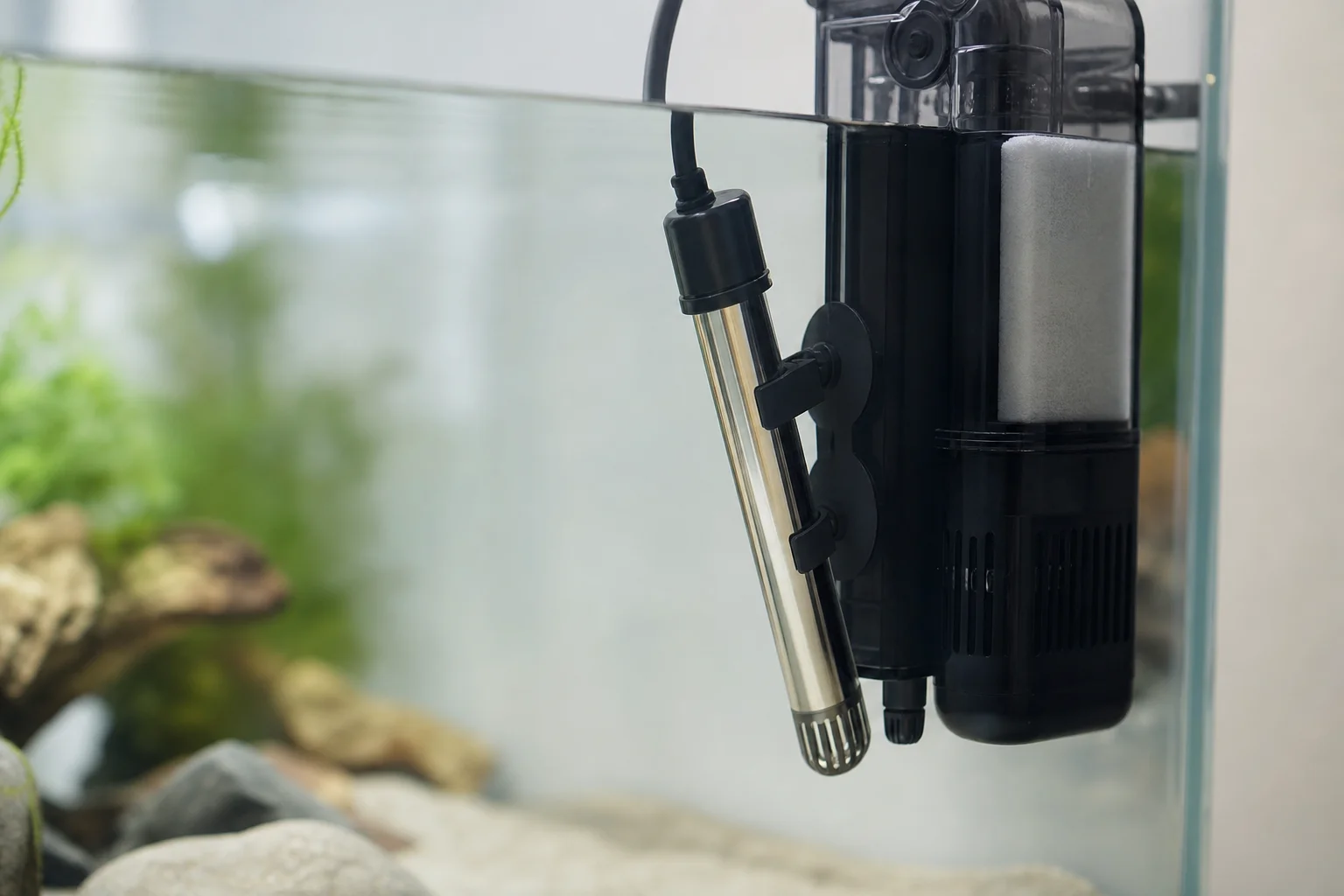 浸入水中的水族箱加熱器與過濾器組件特寫