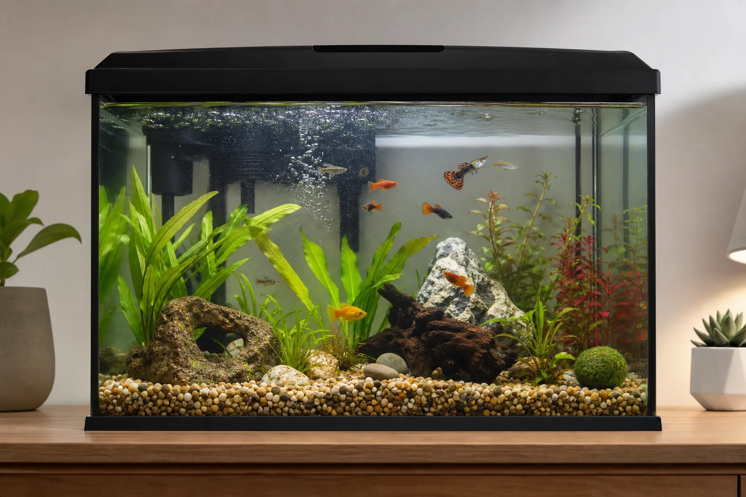 已設置完成的水族箱，魚兒活躍游動且裝飾擺設到位