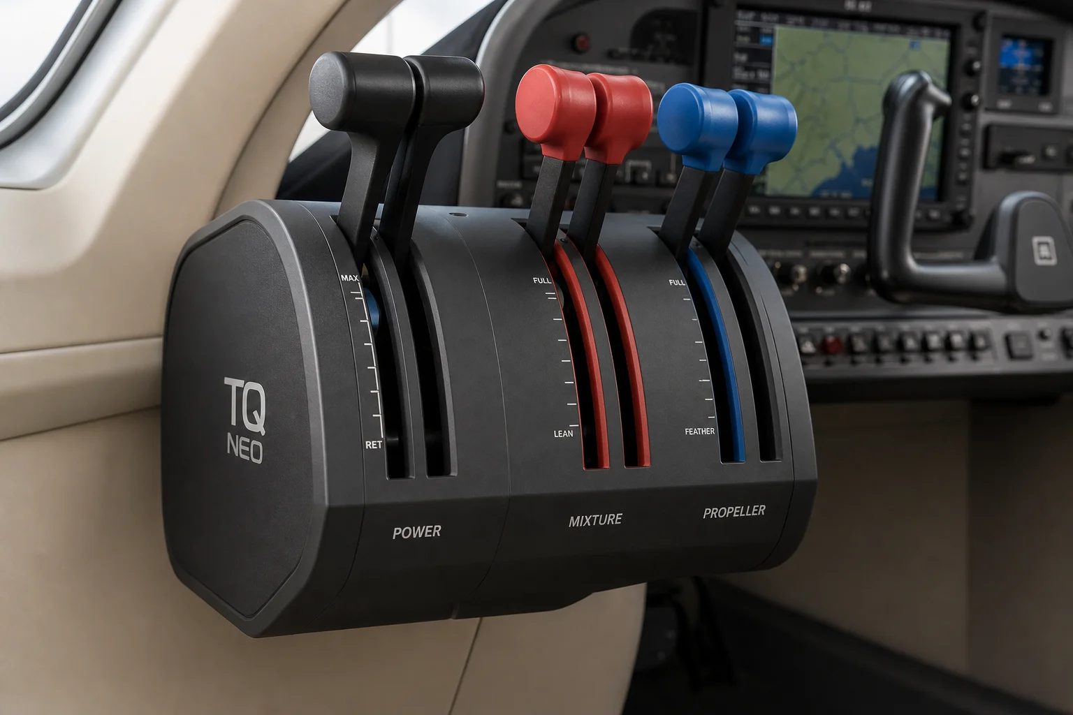 Professional home flight simulator cockpit with yoke, avionics, throttle controls, and triple monitors