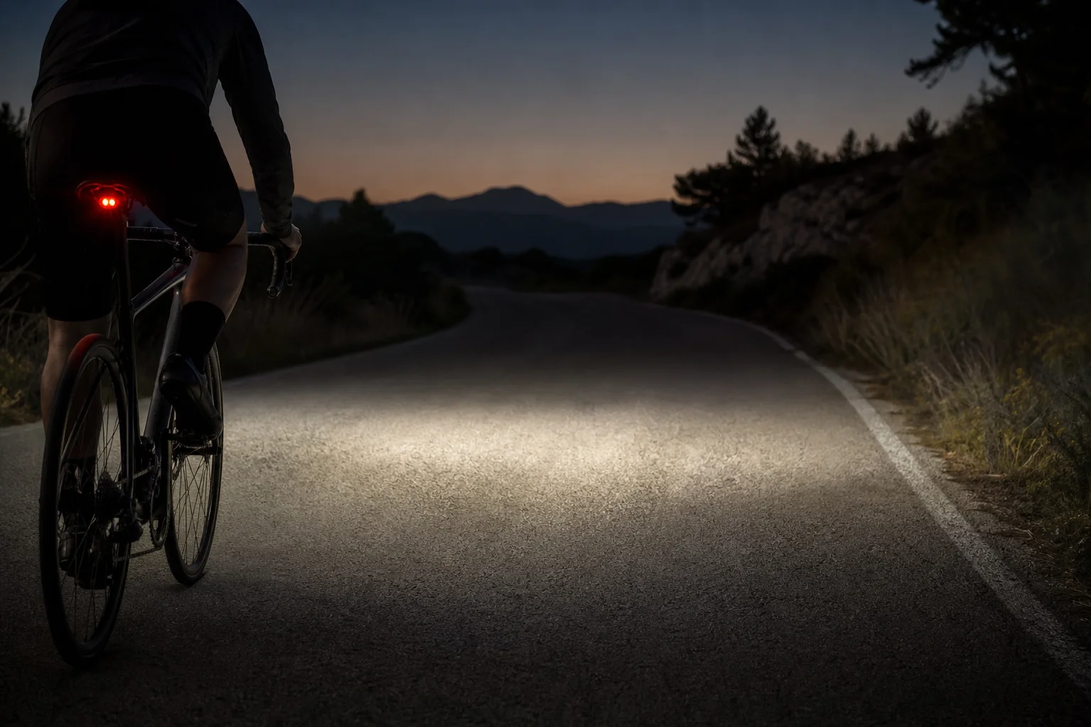 Cyclist riding on dark path with focused headlight beam illuminating road