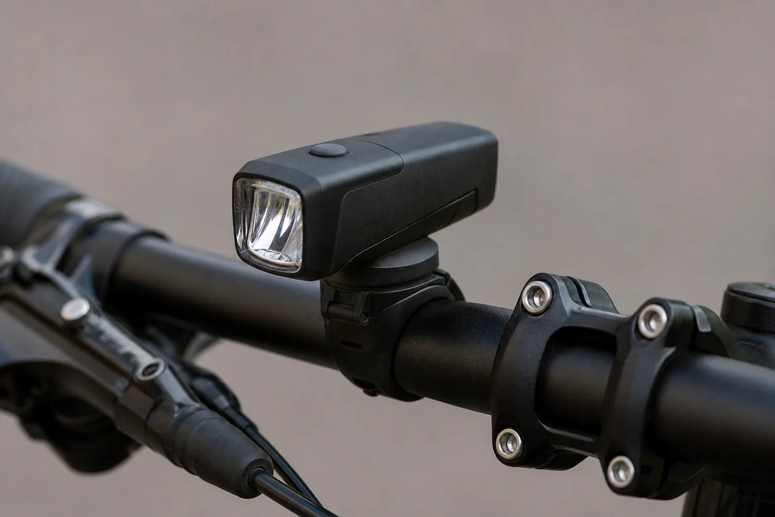 Close-up of bike light mounted on handlebar with Blendr attachment system