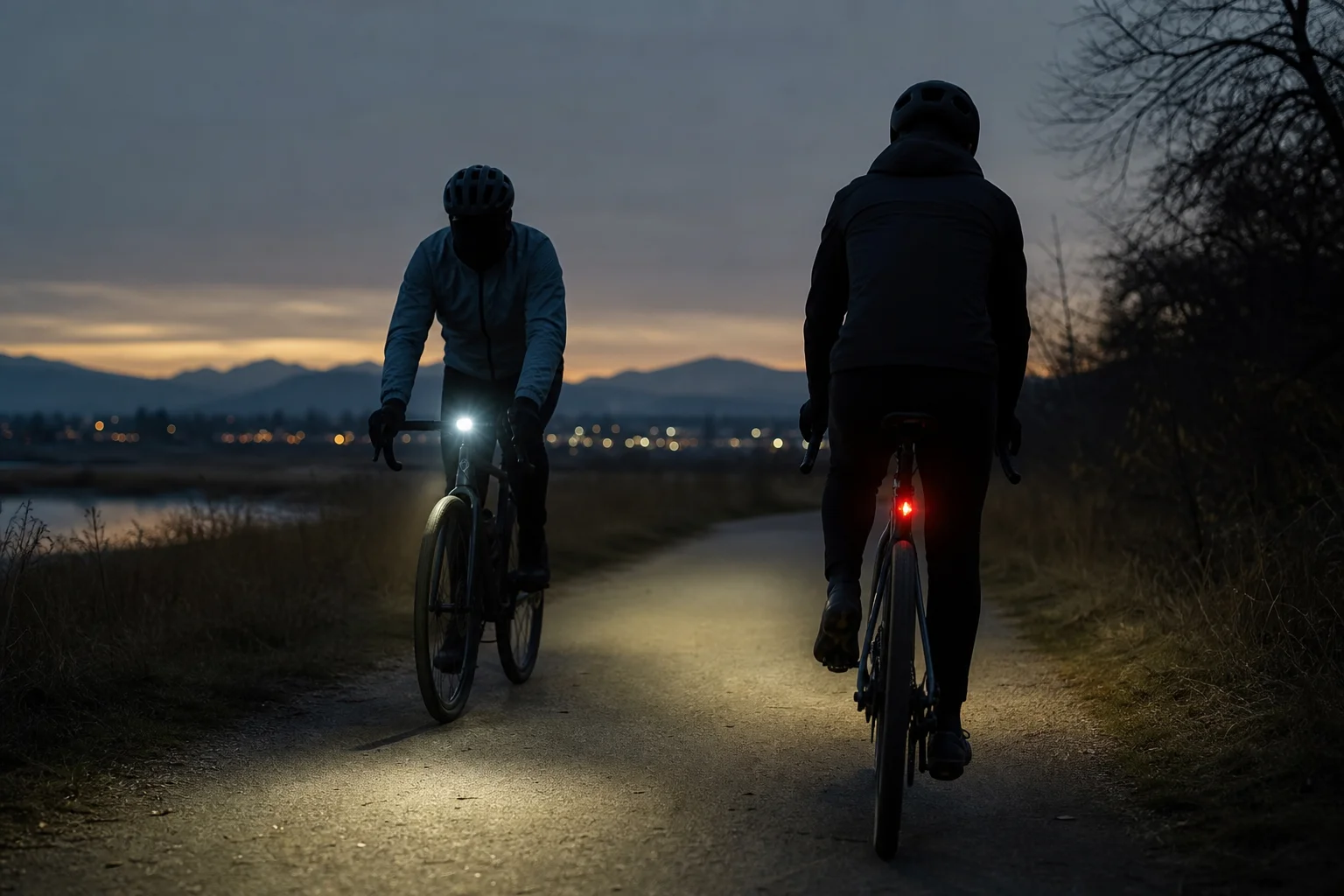 Two cyclists passing with properly aimed bike lights avoiding glare