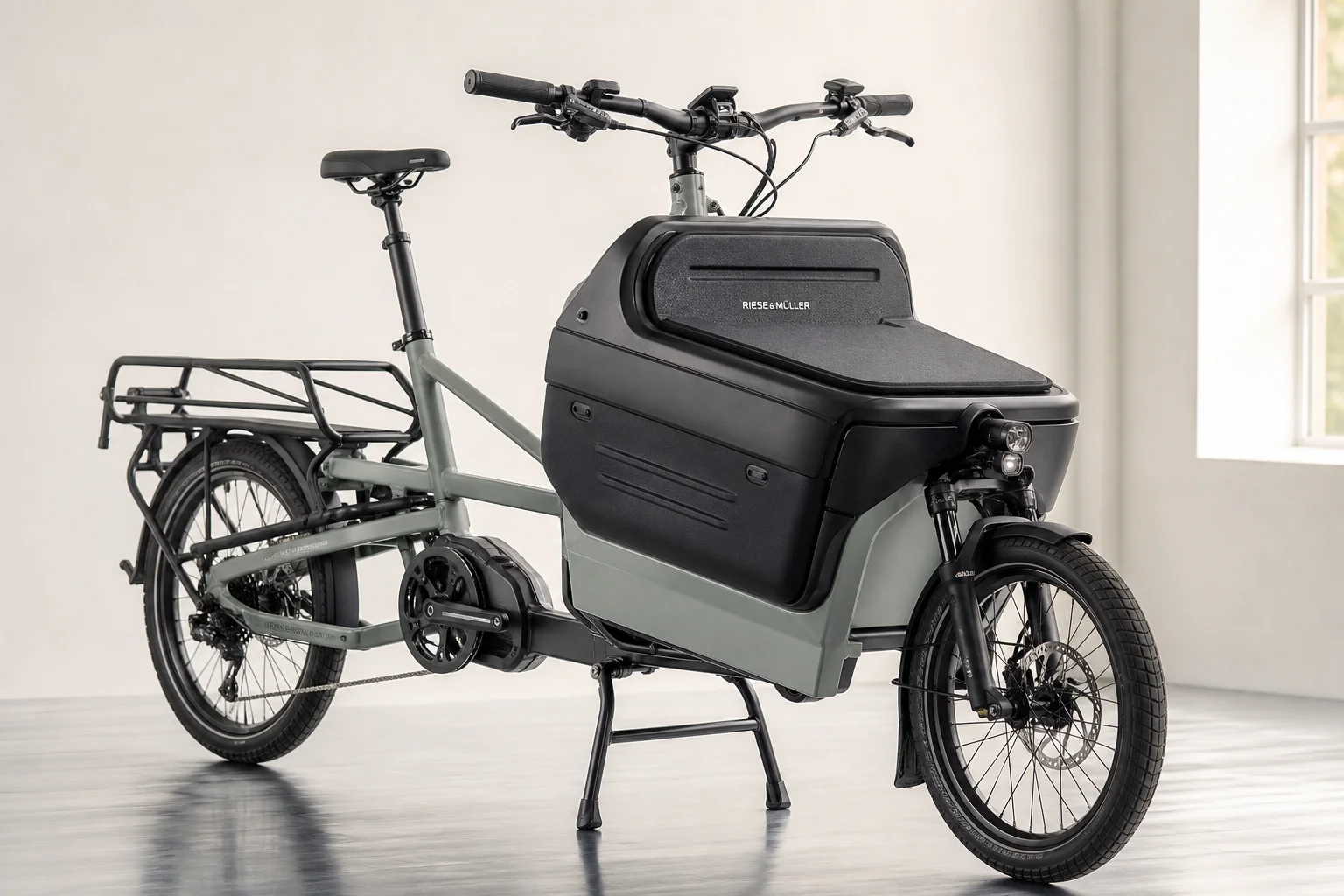 Three electric cargo bikes displayed side by side on neutral backdrop