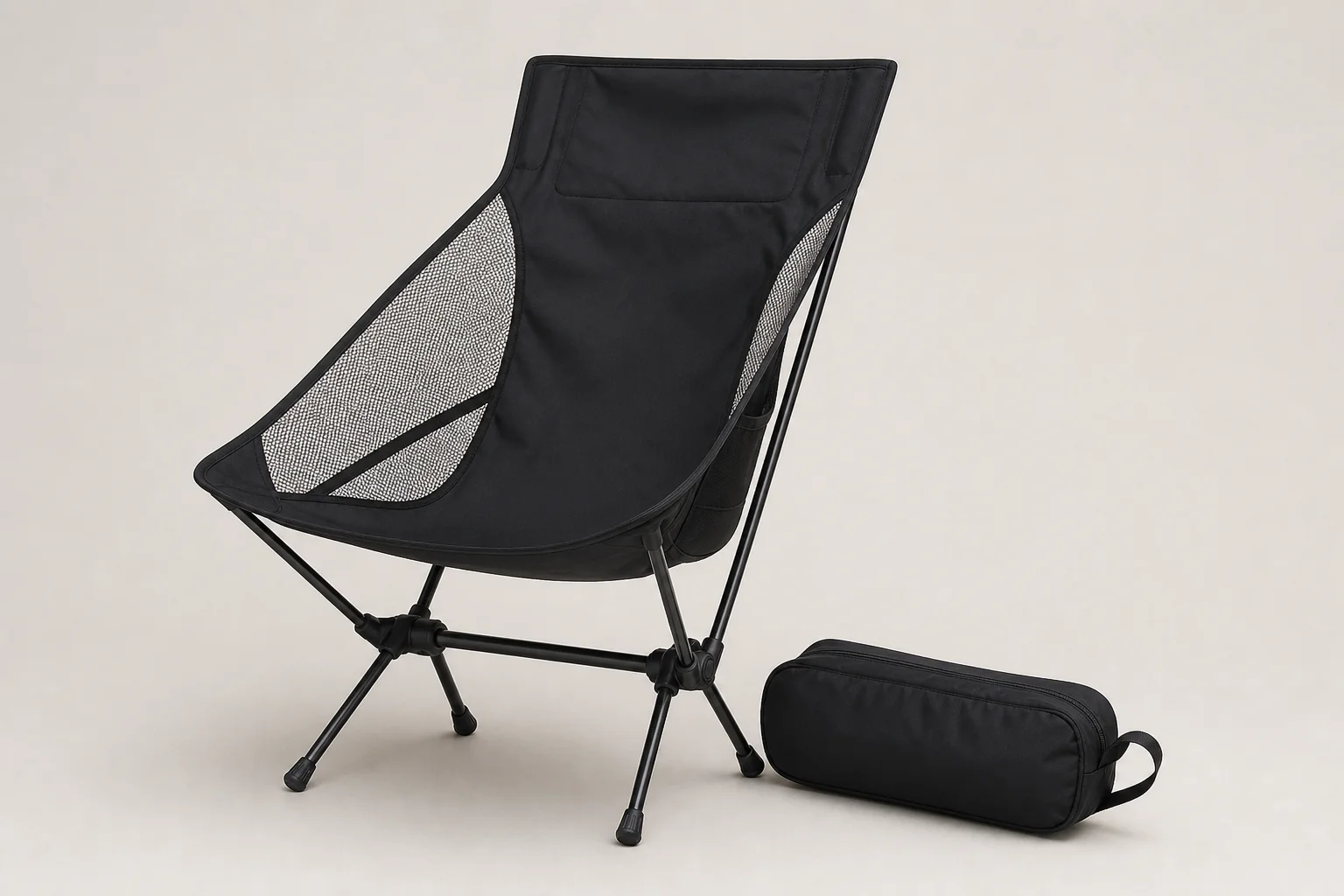 Four ultralight camping chairs arranged on neutral backdrop
