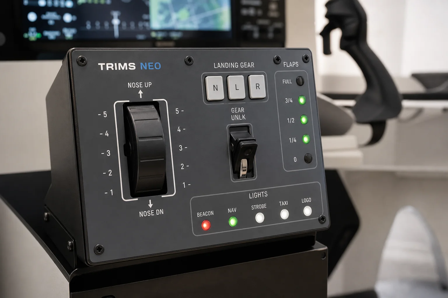 Professional home flight simulator cockpit with yoke, avionics, throttle controls, and triple monitors
