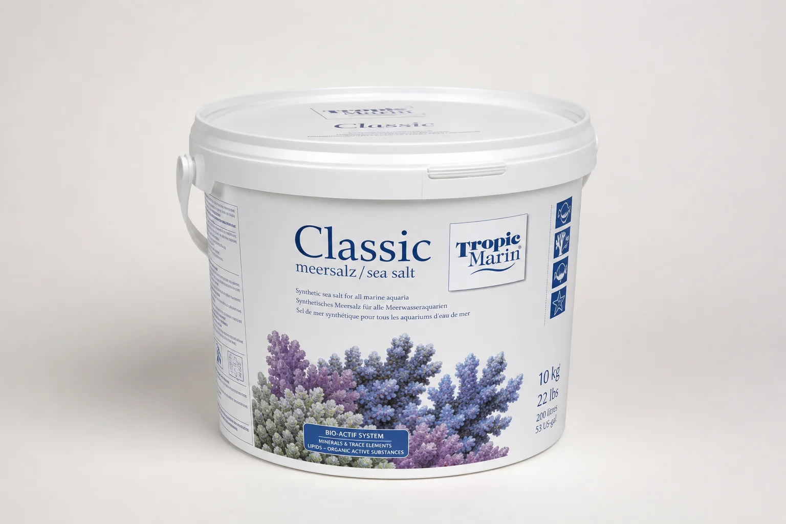 Collection of five different colored saltwater mix buckets on neutral surface