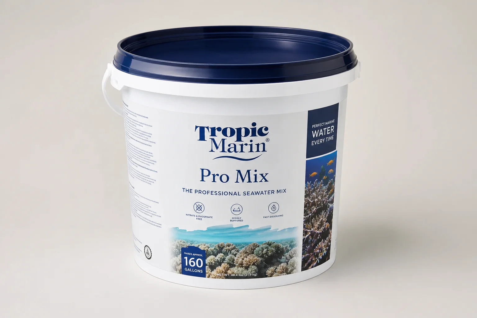 Collection of five different colored saltwater mix buckets on neutral surface