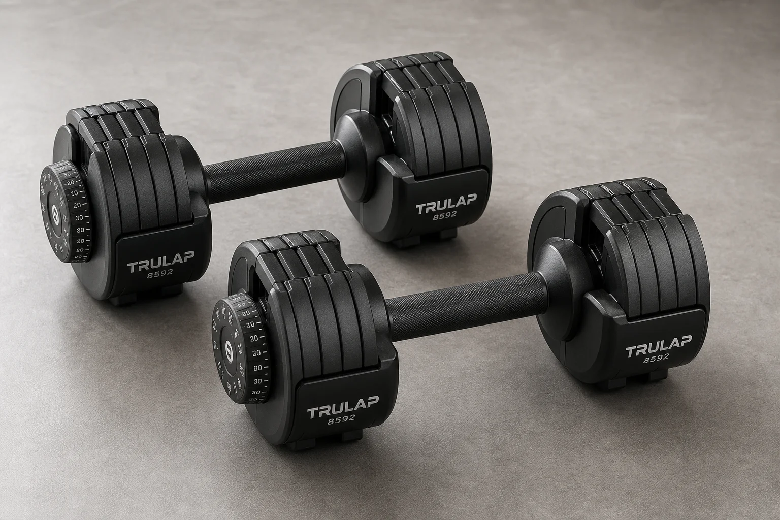 Seven different adjustable dumbbell models arranged on concrete surface