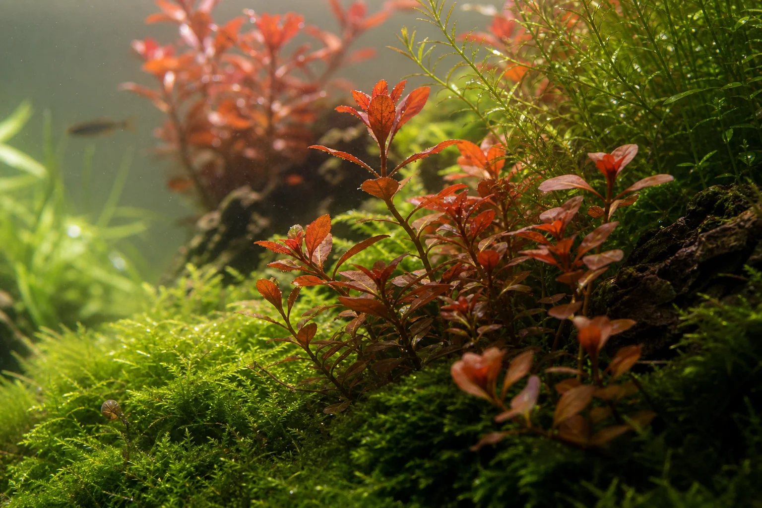 在明亮 LED 燈光照射下,長滿綠色苔蘚與紅色莖類水草的水族缸