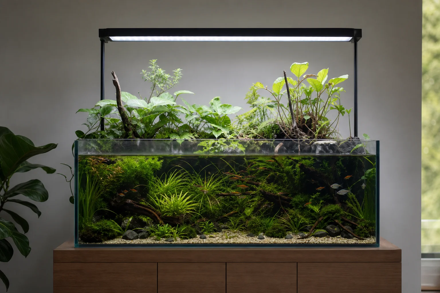 在 LED 燈光下生長著挺水與沉水植物的水族缸造景