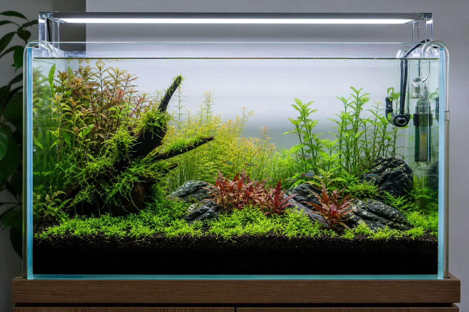 在全亮度 LED 燈光下,呈現自然綠色植物色彩的水族缸