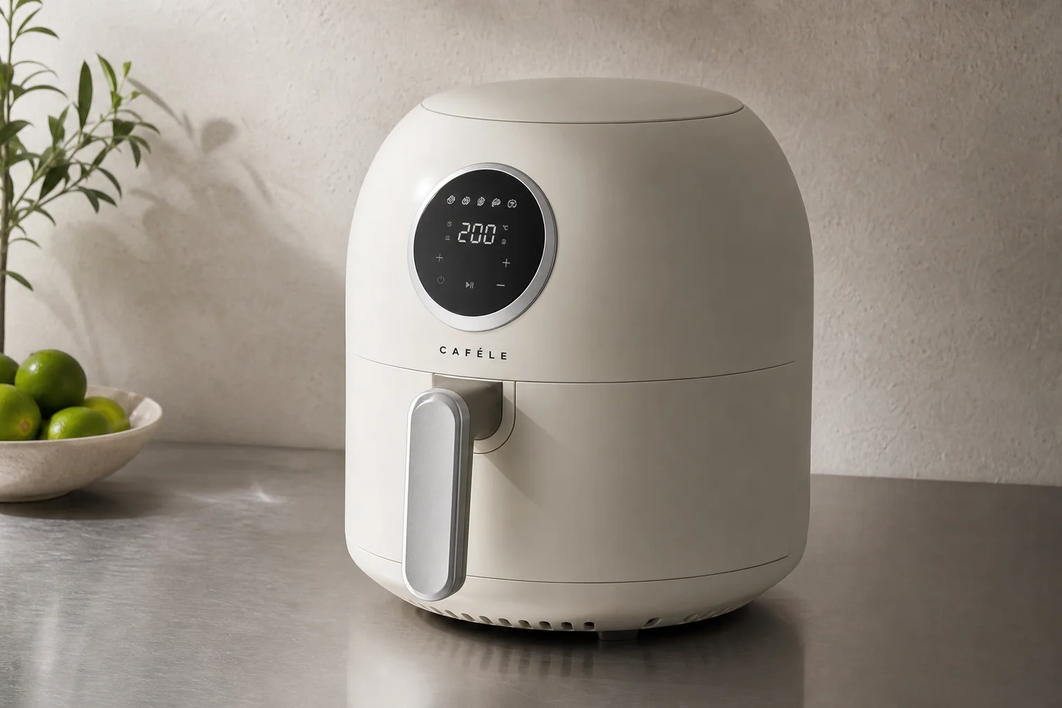 Six air fryer models arranged on concrete surface showing variety of styles and sizes