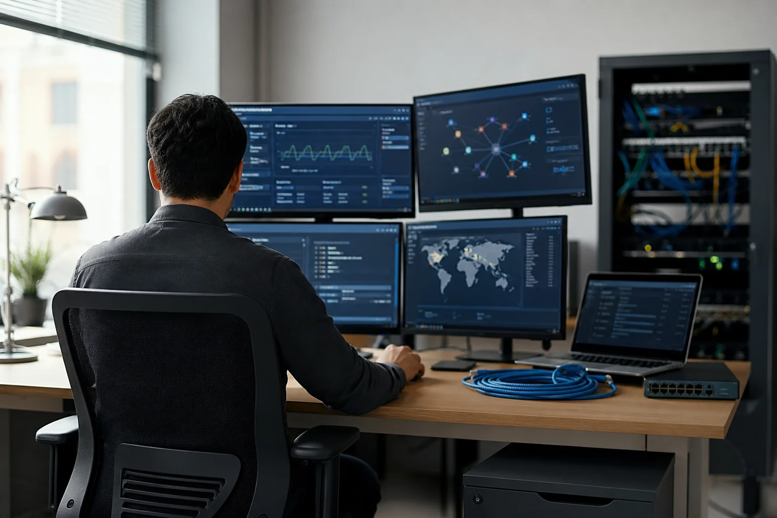 Network technician at desk with multiple monitors showing network dashboards