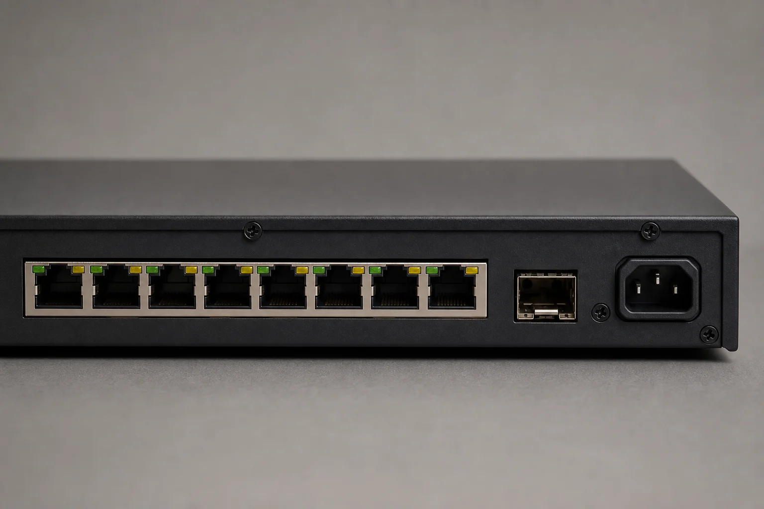 Close-up of network router rear panel with RJ45 ports and SFP+ connector