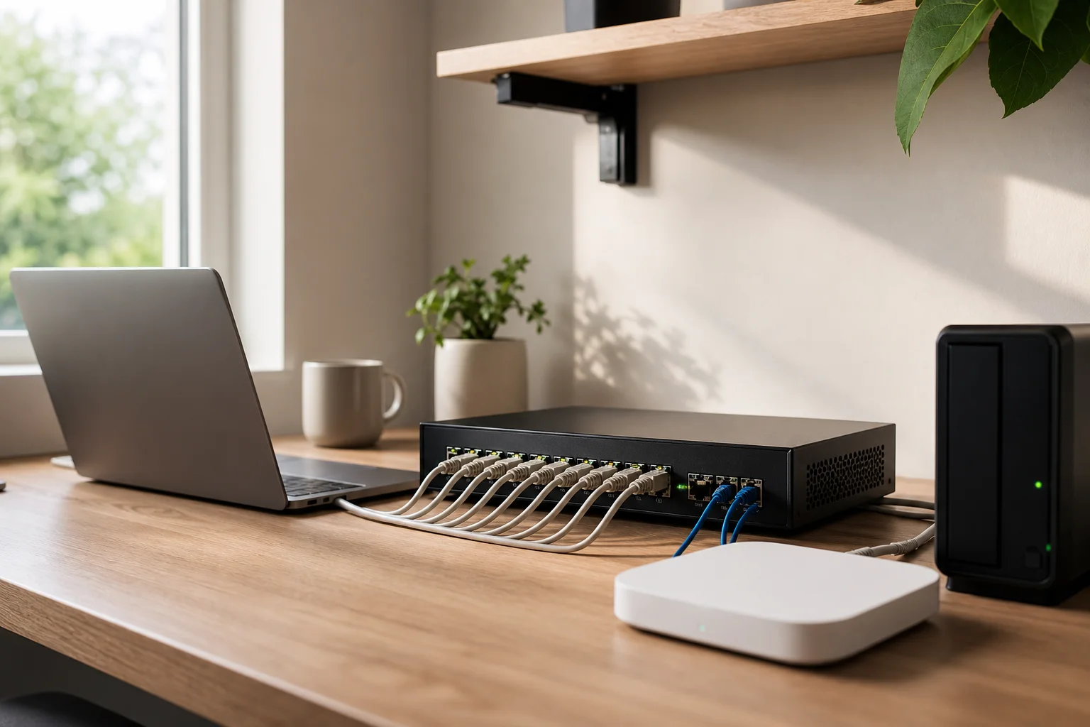 Home office desk with organized ethernet cables and network equipment