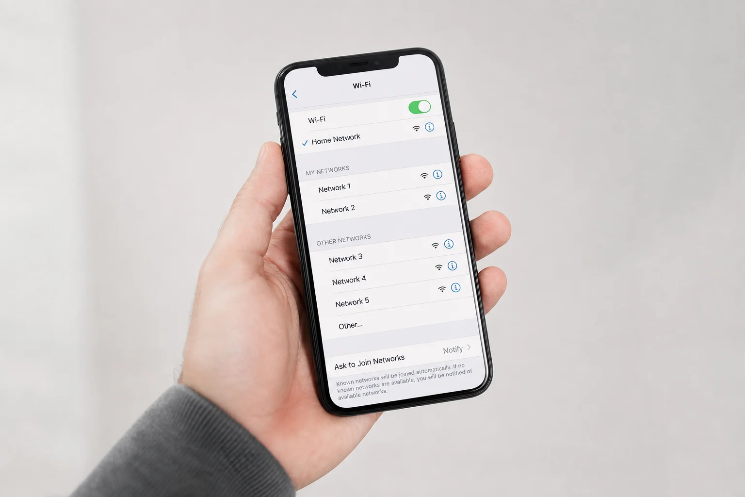 Smartphone displaying Wi-Fi signal strength and network connection settings