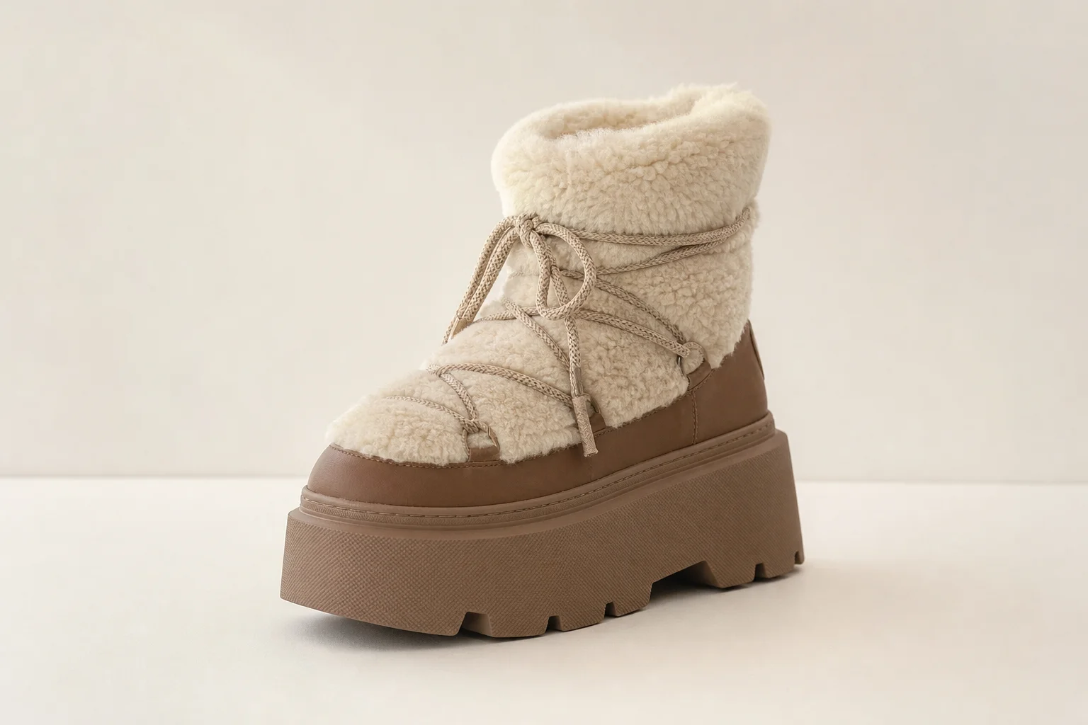 Collection of diverse winter boots arranged on concrete surface