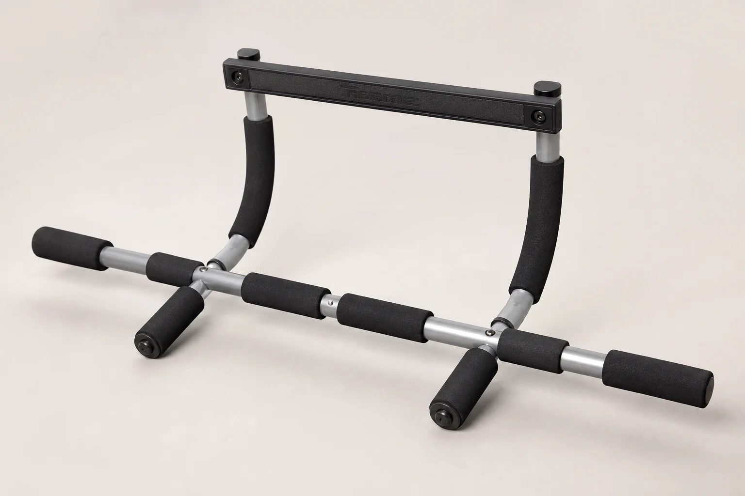 Six pull up bars and training towers arranged on neutral backdrop