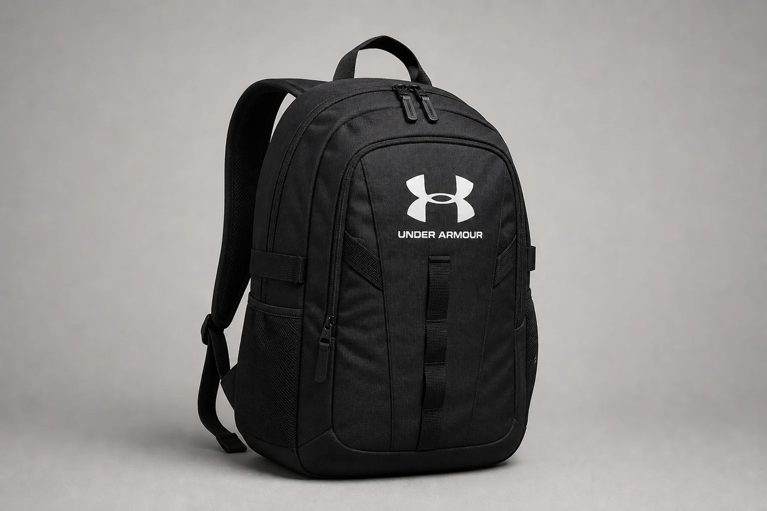 Five backpacks in different styles and colors arranged on concrete surface