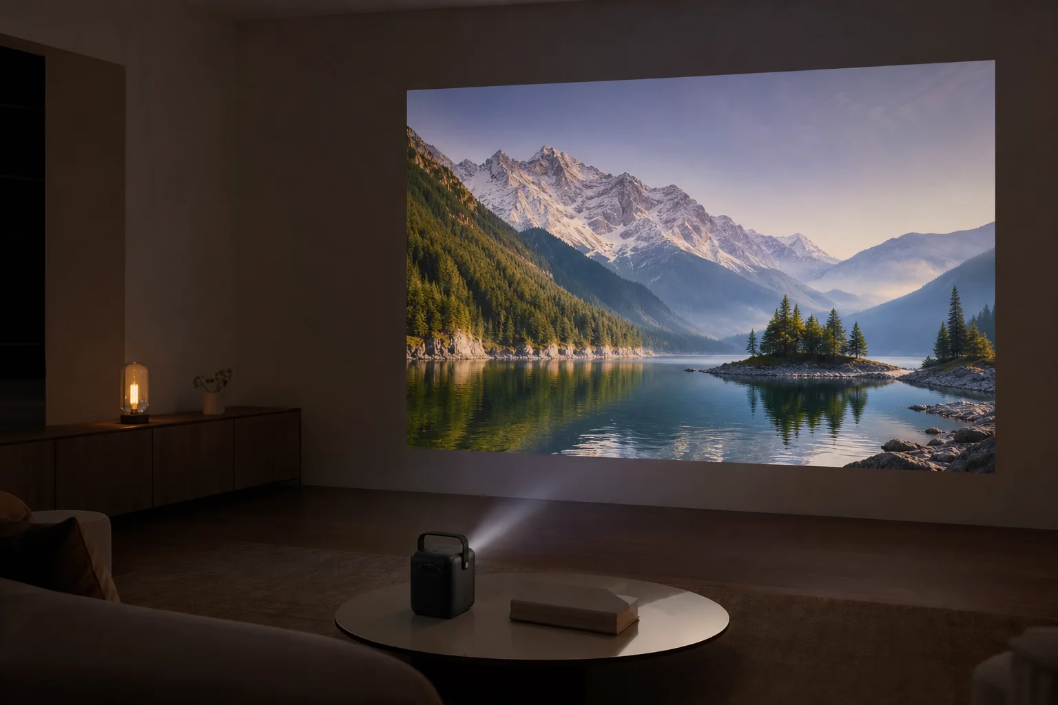 Image projetée lumineuse sur un mur depuis le Tank 3 Pro dans une pièce sombre